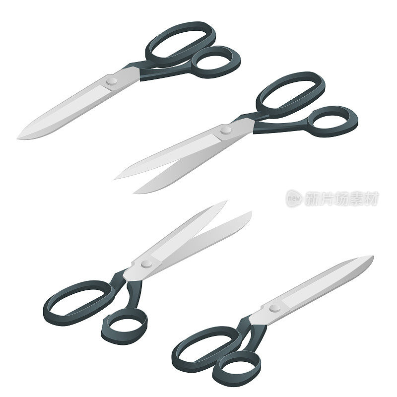 等距矢量裁缝剪刀孤立在白色。裁剪和缝纫用的剪刀。