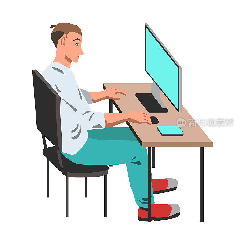 一个人在他的电脑上工作，在桌上的白色背景上的插图