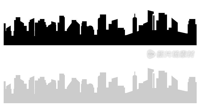 黑白城市景观。在大城市的高房子和摩天大楼的现代城市视图。灰色暗矢量插图孤立的背景