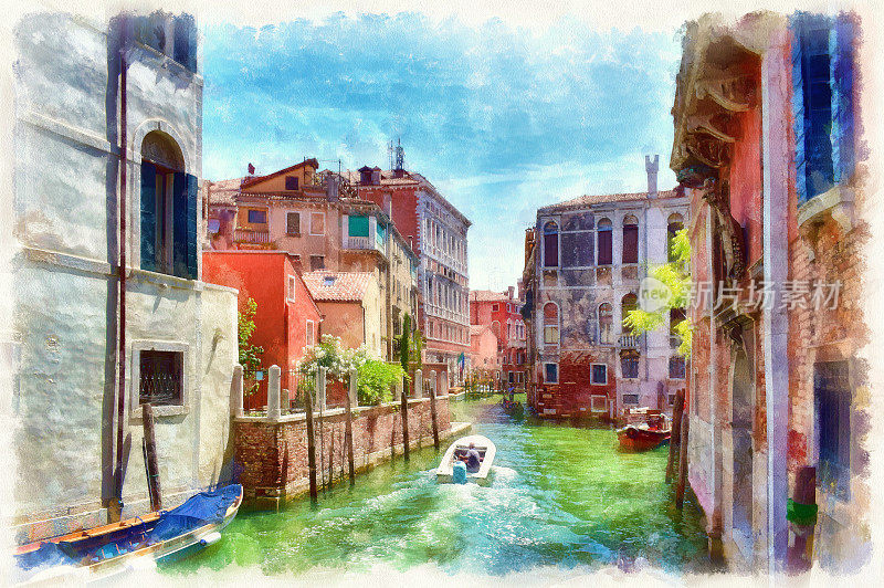 意大利威尼斯运河上五颜六色的中世纪老房子