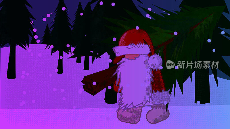 有趣的圣诞老人携带在森林冷杉树-圣诞矢量插图。