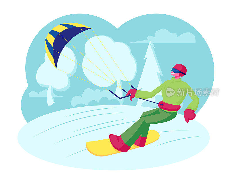 滑雪运动员穿着鲜艳的衣服，戴着头盔和护目镜，手持风筝在冰面上快速滑行。冬季户外活动，度假，运动，娱乐，冒险。卡通平面矢量插图