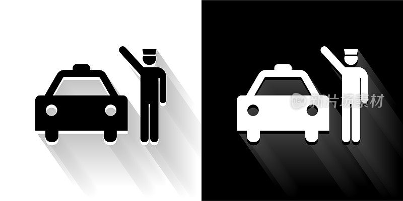 门卫和出租车黑色和白色图标与长影子