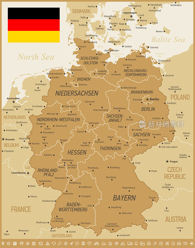德国地图。矢量插图与国旗和导航图标设置
