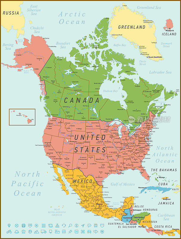 北美复古地图。矢量图