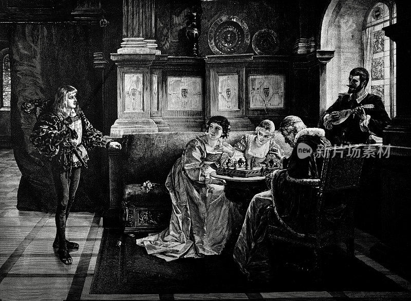 在宫廷里，年轻女子与主教下棋