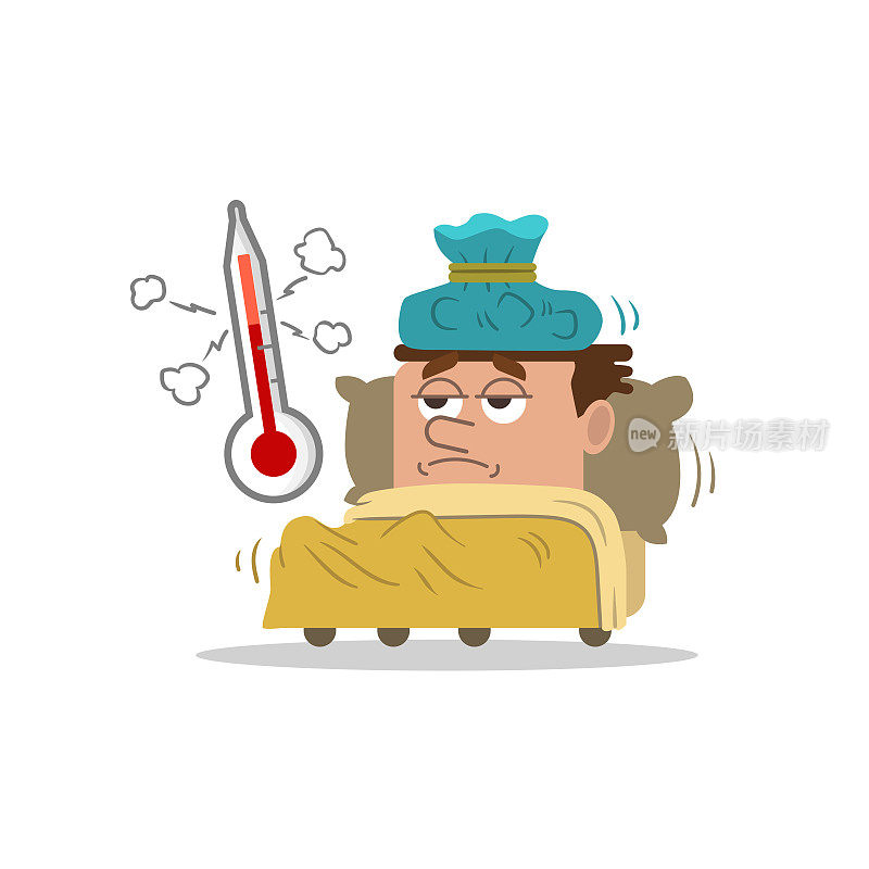 一个病人躺在床上，头上戴着冰袋和温度计。流感疾病。病人感冒了。坏人头痛。流感疾病的人。卡通矢量平面插图。