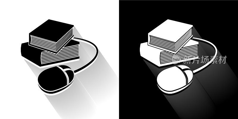 书籍和电脑鼠标黑色和白色图标与长影子