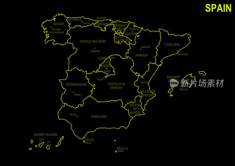 黑色背景下的西班牙霓虹灯地图