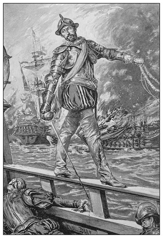 英国海军和陆军的古董插图:海军上将爱德华・霍华德爵士在征服湾的战舰战斗