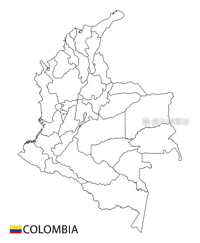 哥伦比亚地图，黑白详细勾勒出该国各地区。