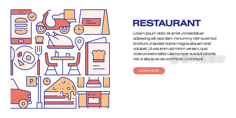 餐厅，食品和饮料相关的现代线条风格网页横幅矢量插图