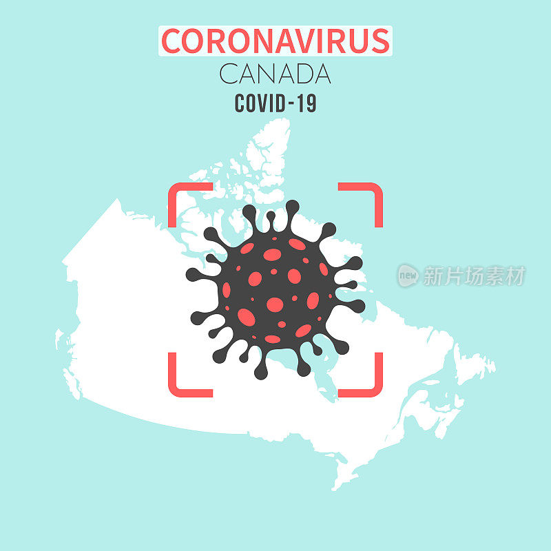 加拿大地图，红色取景器中有冠状病毒细胞(COVID-19)