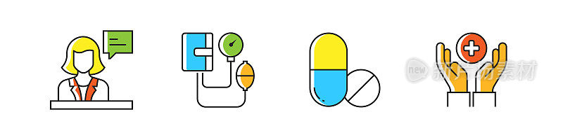 医药相关矢量线图标。大纲符号集合。
