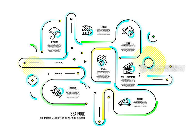 信息图表设计模板与海产品的关键字和图标