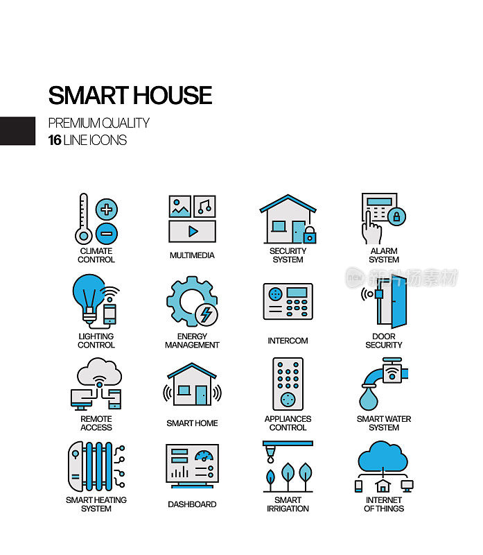 智能家居相关的矢量线图标的简单设置。大纲符号集合。