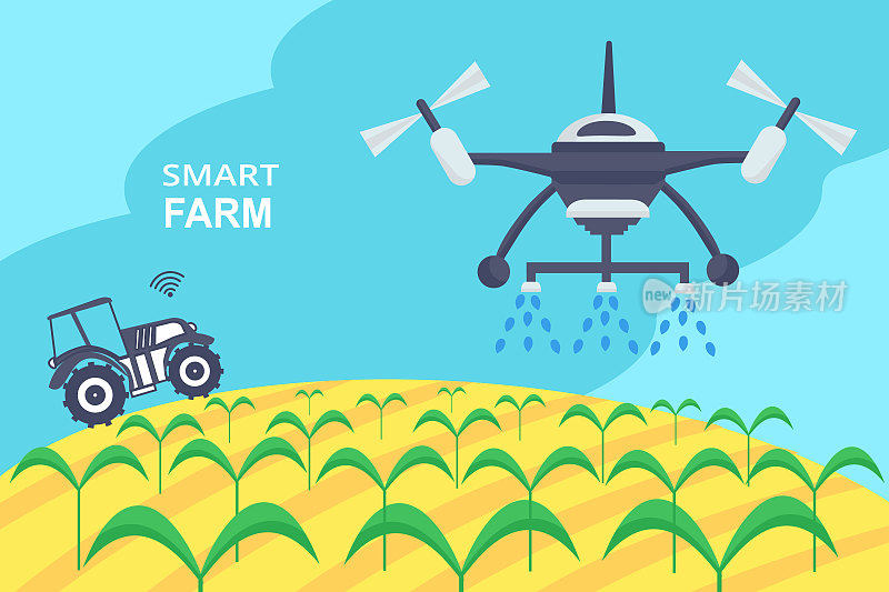 智能农场的概念。智能农业技术与灌溉无人机和无人驾驶拖拉机与wi-fi技术。创新技术和自动喷水灭火直升机。可用于横幅，海报，版面