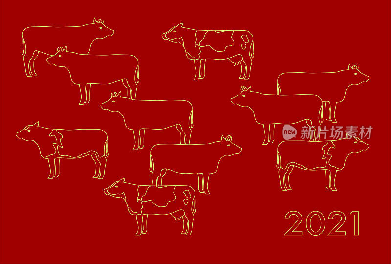 2020年贺年卡。牛年。牛的矢量插图。红色的背景。