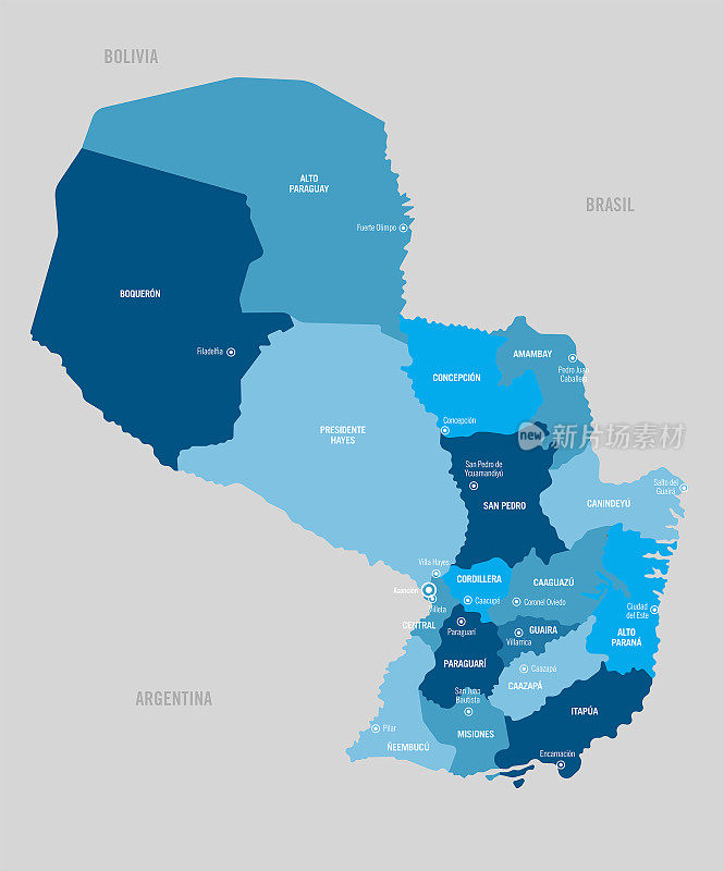巴拉圭全国政治版图详细，有孤立的省份、地区、部门和城市很容易拆解。矢量插图。