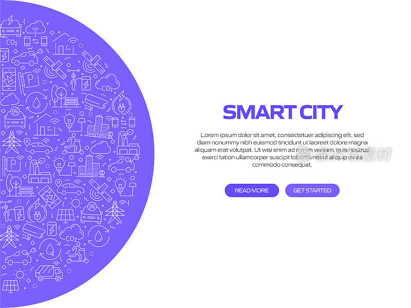与智慧城市相关的旗帜图案设计。现代线条风格图标矢量插图