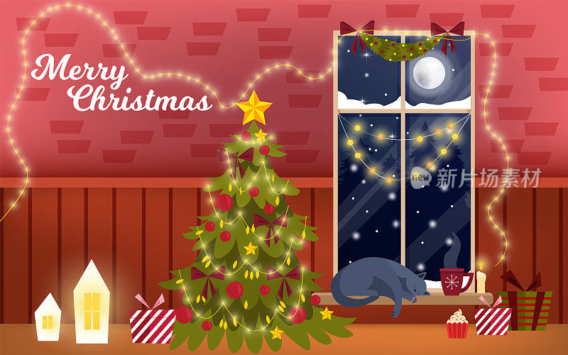 圣诞室内插图与窗户，装饰的圣诞树，礼物，花环，猫。
