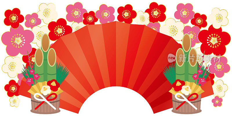 梅花和折扇，日本新年插图