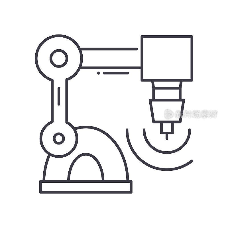 工业机器图标，线性孤立的插图，细线矢量，网页设计标志，轮廓概念符号与可编辑的笔画在白色的背景。