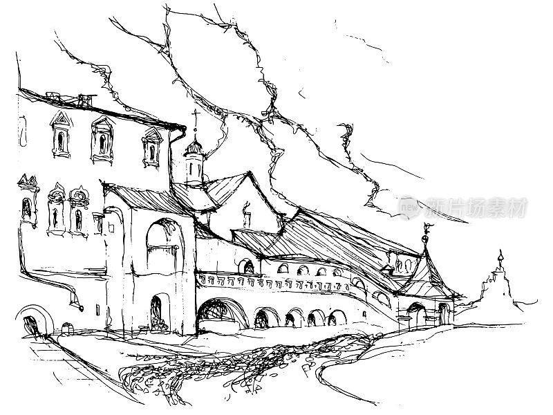 矢量黑色和白色的墨水和钢笔跟踪手绘建筑景观素描与古代建筑在苏兹达尔镇，俄罗斯传统建筑风格