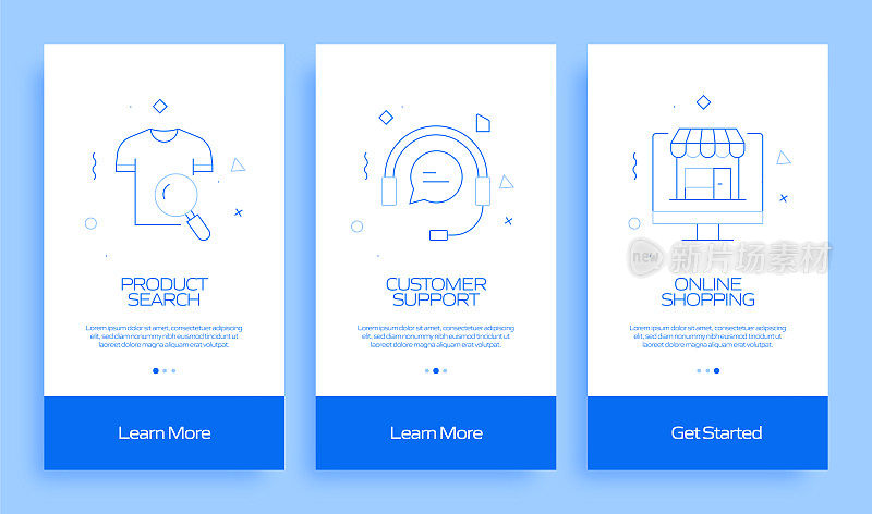 带有平面图标的移动应用页面屏幕上的购物和零售概念。用户体验，用户界面设计模板矢量插图