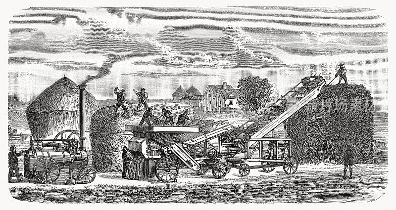 蒸汽动力脱粒机，木刻，1893年出版
