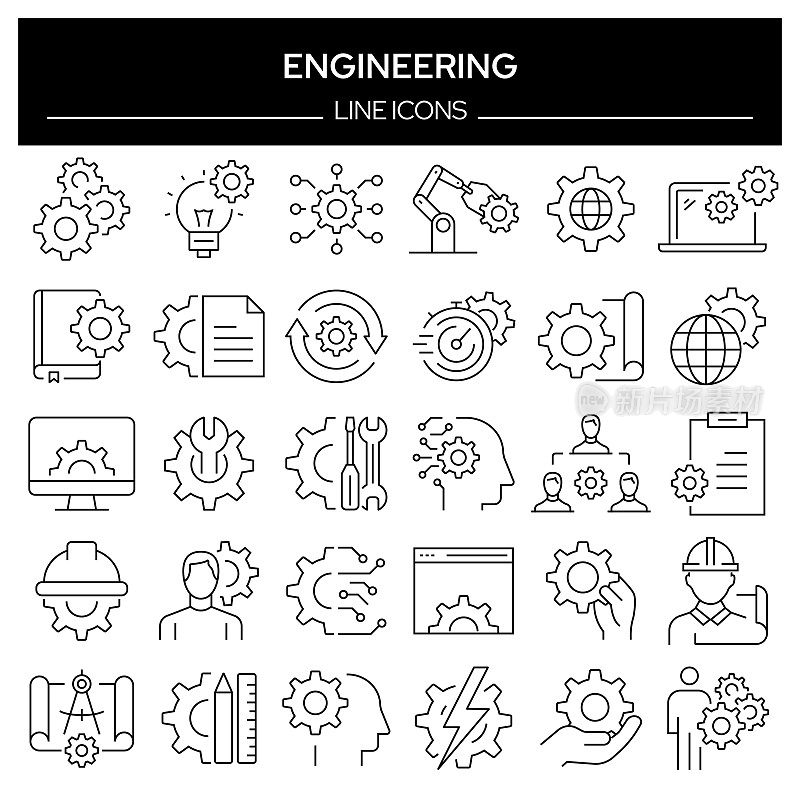一组工程相关的线图标。轮廓符号集合，可编辑的描边