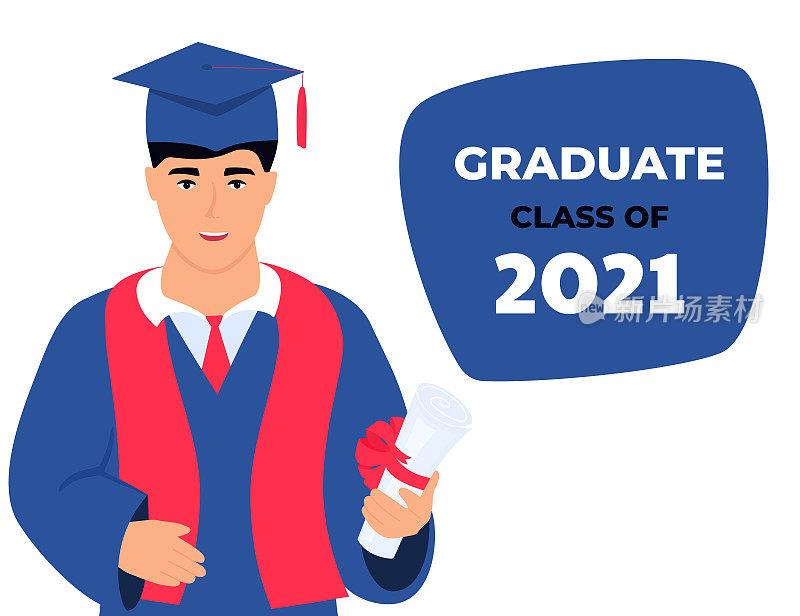 2021届毕业生。邀请参加虚拟仪式。欢迎横幅。一个披着斗篷，拿着学士帽的毕业生手里拿着一张文凭。