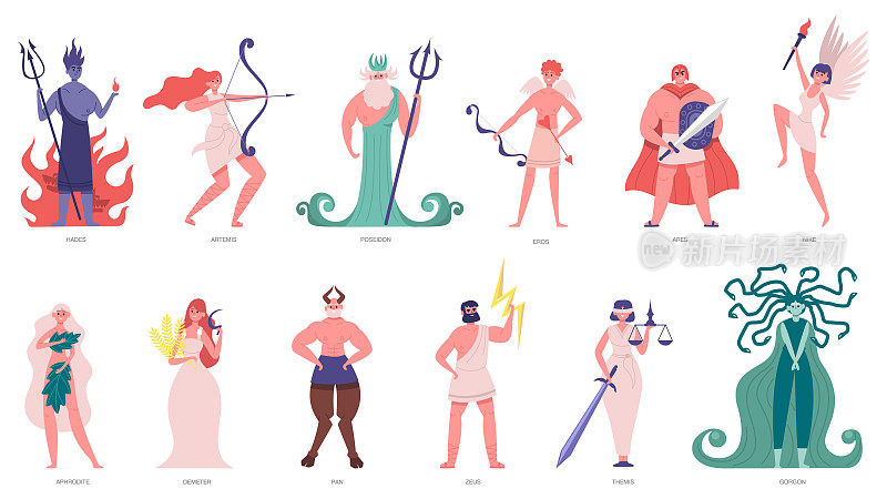 希腊诸神和女神奥林匹克卡通中的众神和英雄，波塞冬，哈迪斯，宙斯和赫尔墨斯。古代神话人物矢量插图集