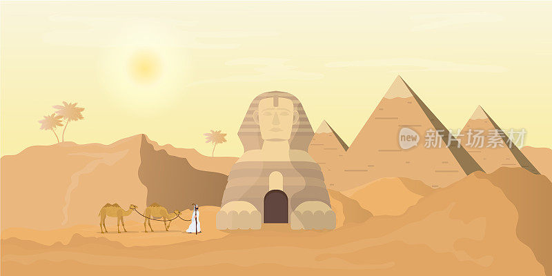埃及狮身人面像和金字塔。沙漠。一个人带着骆驼穿过沙漠。