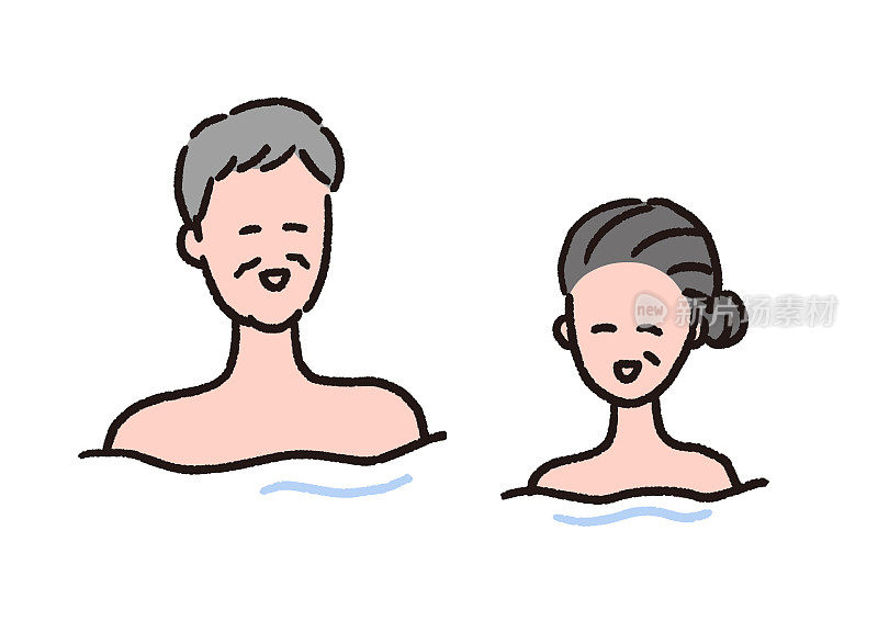 一对老年夫妇正在温泉里放松地洗澡。