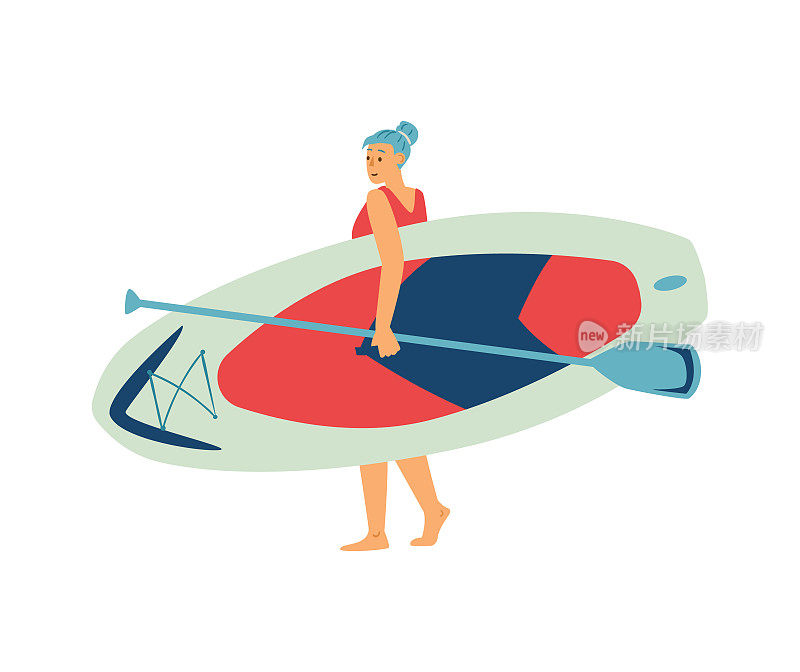 女子用冲浪板或桨板与桨板平面矢量图分离。