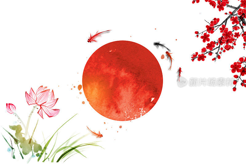 荷花、樱花、小鲤鱼鱼和大红日，是日本的象征。日本传统水墨画sumi-e。