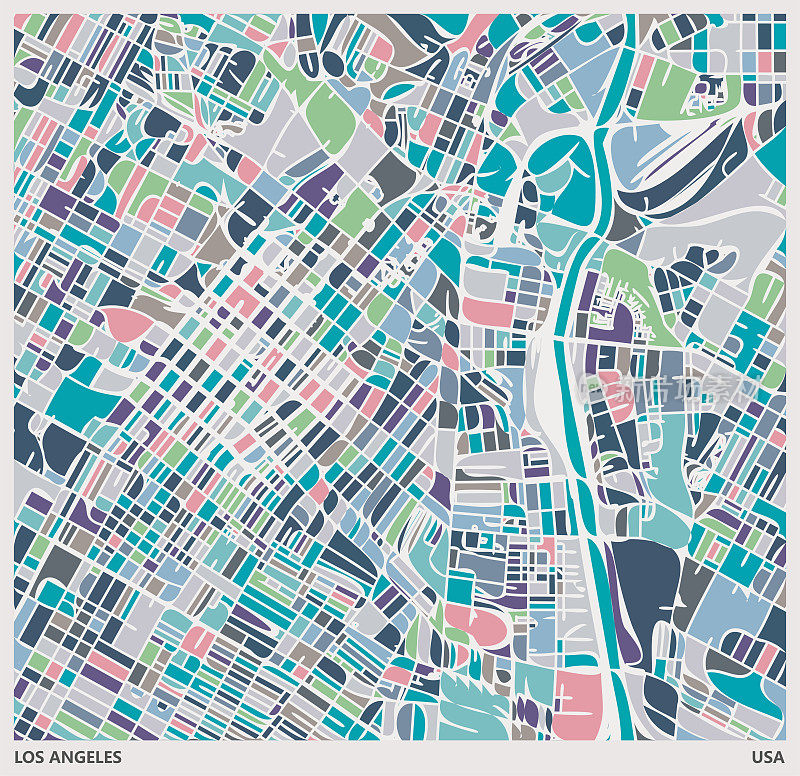 彩色插图风格的城市地图，靠近联合车站，洛杉矶市，美国