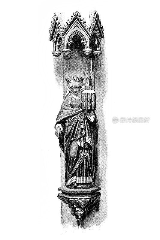 在德国马尔堡圣伊丽莎白教堂的庆祝椅上雕刻的圣伊丽莎白雕像
