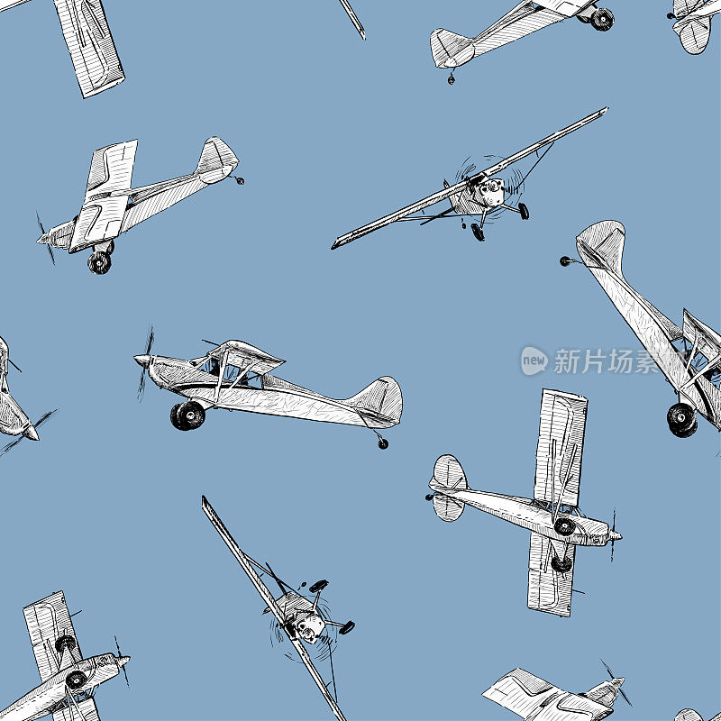 各种绘制的复古飞机在蓝天中飞行的无缝图案