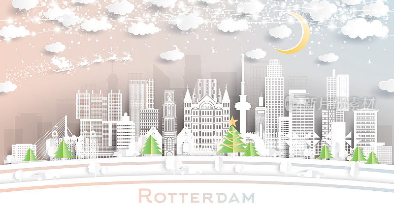 荷兰鹿特丹城市天际线剪纸风格与雪花，月亮和霓虹灯花环。