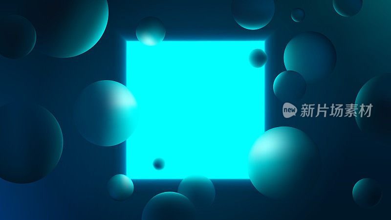 抽象矢量插图与发光的蓝色正方形在黑暗的背景，霓虹灯反射球体，未来的梯度海报几何形状