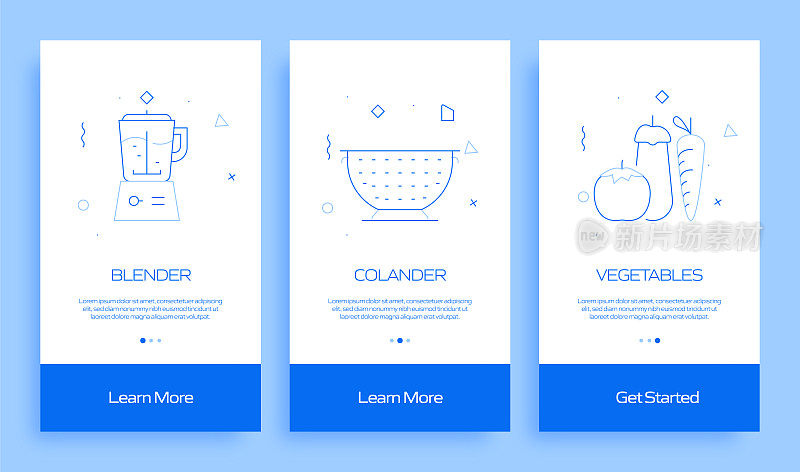 在移动应用页面上使用扁平图标的烹饪概念。用户体验，UI设计模板矢量插图