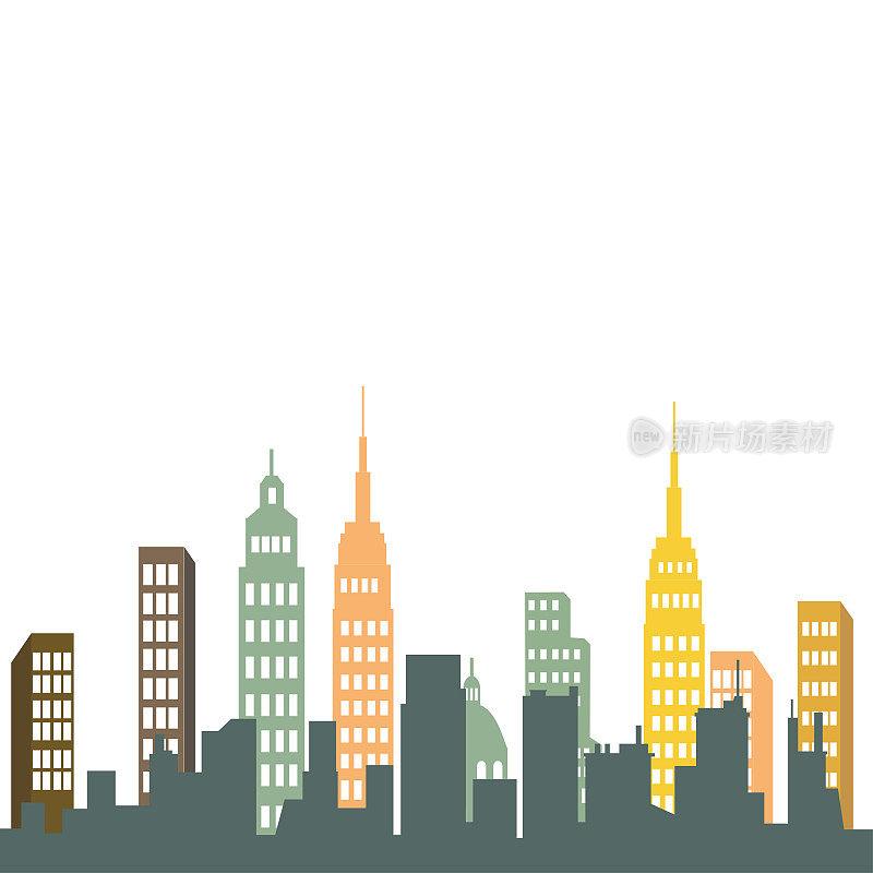 全景的现代建筑，摩天大楼，高楼在商业城市街区。水平城市景观的金融中心或市中心在夏日。彩色平面卡通矢量插图