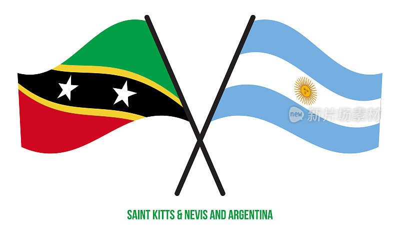 圣基茨和尼维斯和阿根廷国旗交叉和挥舞平风格。官方的比例。