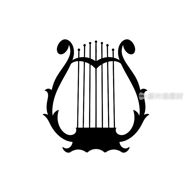 白色背景上的竖琴乐器。灵感的古老象征，古老的形象。矢量轮廓的标志。竖琴是艺术的象征，是标志或象形文字的标志。