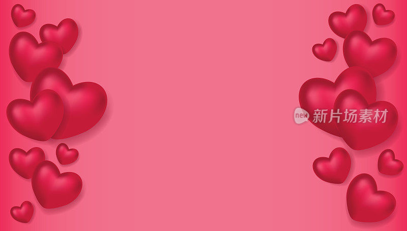 情人节背景，矢量插图。情人节的心，横幅与复制空间。3d红心背景，贺卡。