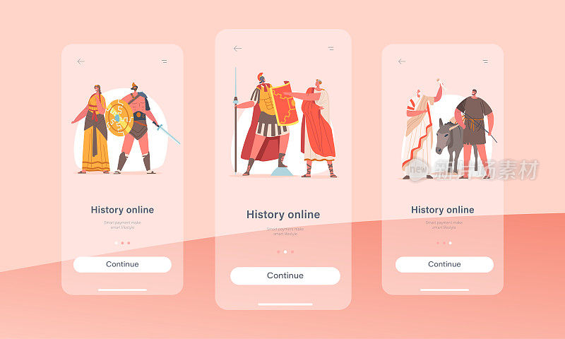 历史在线移动应用程序页面板载屏幕模板。穿着历史服装的古罗马公民，角斗士，演说家