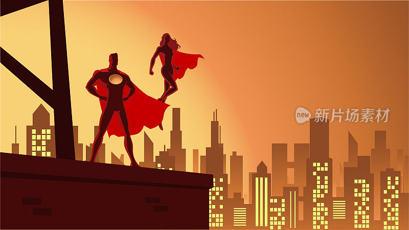 向量超级英雄夫妇剪影在一个城市