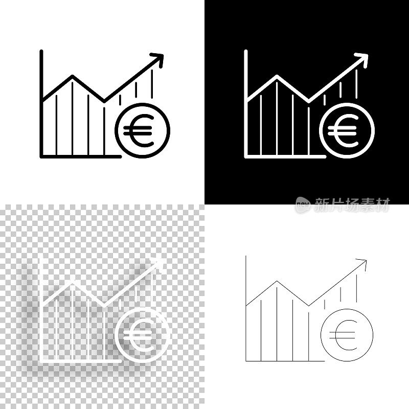 与欧元硬币增长图表。图标设计。空白，白色和黑色背景-线图标